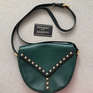 Vintage Yves Saint Laurent Dark Green Crossbody Bag with Gold Studs